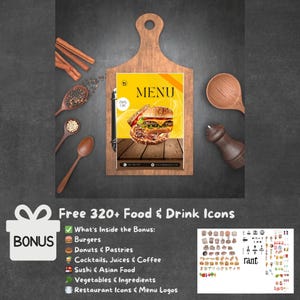 Burger & Pizza Menu Template – Fast Food Canva Bundle – A4  and US Letter – Menu Board + Cover Design – BONUS 320+ Food PNG Icons