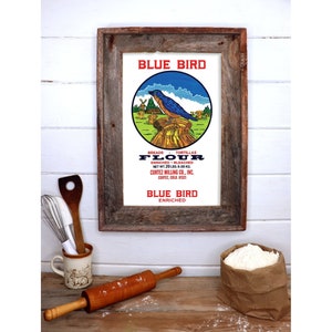 Blue Bird Flour Art Print - 11x17 lub 8,5x11 - Cortez Milling Colorado - Rustykalny wystrój kuchni - 100% bawełna 300gsm papier bezkwasowy