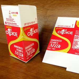 Vintage Golden 1st Choice Milk - Cartón de media pinta - First American Dairies - Cortez Colorado - Caja publicitaria de papel coleccionable