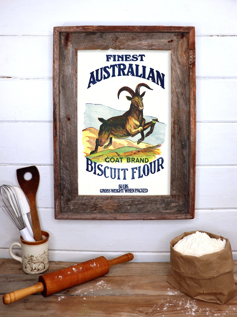 K&ouml;nnte beinhalten: Ein Vintage-Rahmenbild einer Werbeanzeige f&uuml;r Goat Brand Biscuit Flour. Das Bild zeigt eine springende Ziege mit einem blauen und wei&szlig;en Text&uuml;berlagerung, der "Finest Australian Goat Brand Biscuit Flour 50 lbs Gross Weight When Packed" lautet.