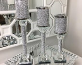 Set of 3 Tier Silver Crushed Diamond Crystal Filled Candle Holder Home Decor Decoration Gift New in Box Bling Sparkle