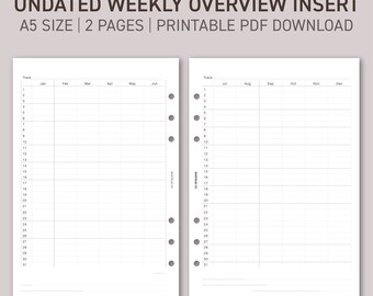 May include: Printable undated weekly overview planner insert for a A5 size planner. The insert has two pages, one for January through June and the other for July through December. Each page has a column for each month and rows for each day of the month.