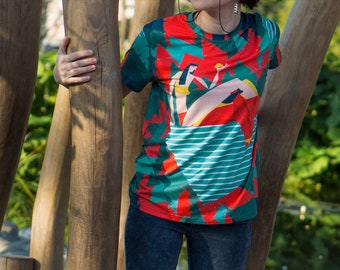 Carino Donna Designer T-Shirt "Tropical story", Donna Tshirt Amore Tema, Donna Tee Camicia Grafica Top, Paradiso All Over stampa completa Due lati
