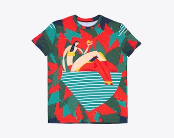 Carino Designer Man T-Shirt "Tropical story", Man Graphic Tee Shirt, Originale Unisex Tshirt, All Over stampa completa Due illustrazioni laterali