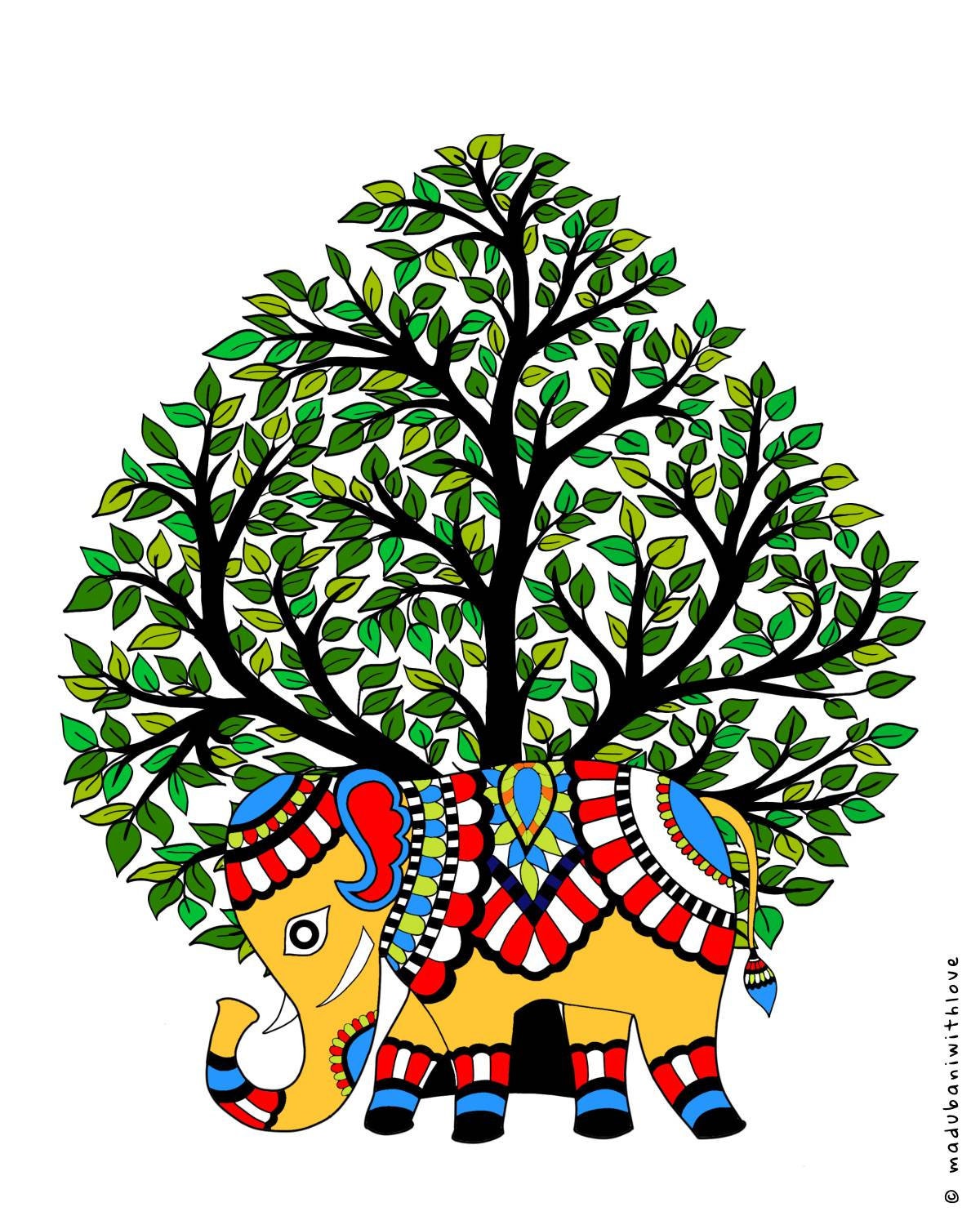 Original Madhubani Elephant and tree INSTANT DOWNLOAD Etsy