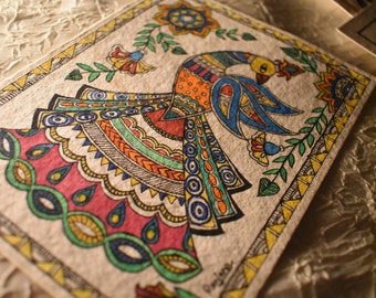 MADHUBANI Peacock with Patterns, Indian Traditional folk Art, handmade watercolour painting
