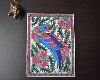 MADHUBANI Parrot, Indian traditional folk art, Handmade watercolor painting