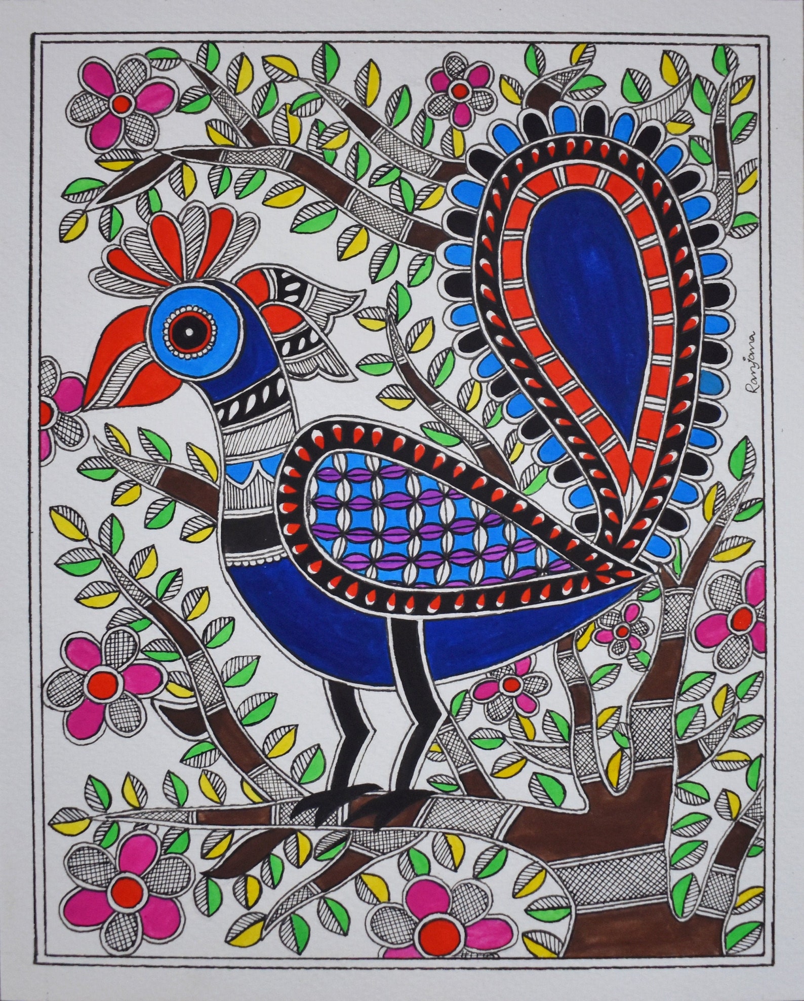 MADHUBANI Peacock on a Tree Indian Traditional Folk Art Etsy