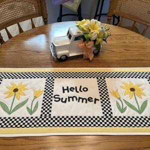 Pretty Quilted &#39;Hello Summer&#39; Table Runner-Summer Table-Yellow Daisies-Summer Decor- Appliqued Tabletop Quilt ~ Yellow Summer Centerpiece