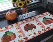 Quilted TURKEY Table Runner Fall Table Topper Autumn Table Runner Pumpkins Harvest Table Thanksgiving Table Decor Autumn Leaves