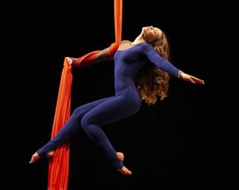 May include: A woman in a blue leotard performs aerial silks, hanging from a long, flowing orange fabric. She is suspended in mid-air, her body contorted in a graceful pose.
