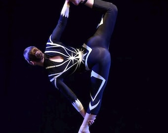 White star on black gymnastics leotard for aerialsilks, fireshow, figure skating performance