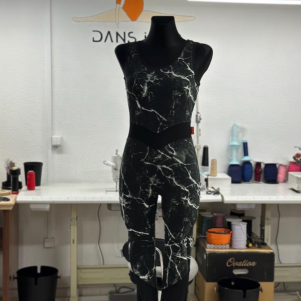 Black Marble Cotton Leotard, Yoga Pilates Dance Jumpsuit