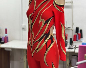Gold flames gymnastics leotard for aerialsilks, fireshow, figure skating performance
