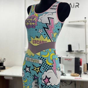 Pop-art cotton costume, leotard, catsuit, jumpsuit, unitard, overalls for yoga, pilates, aerial gymnastics, dancing