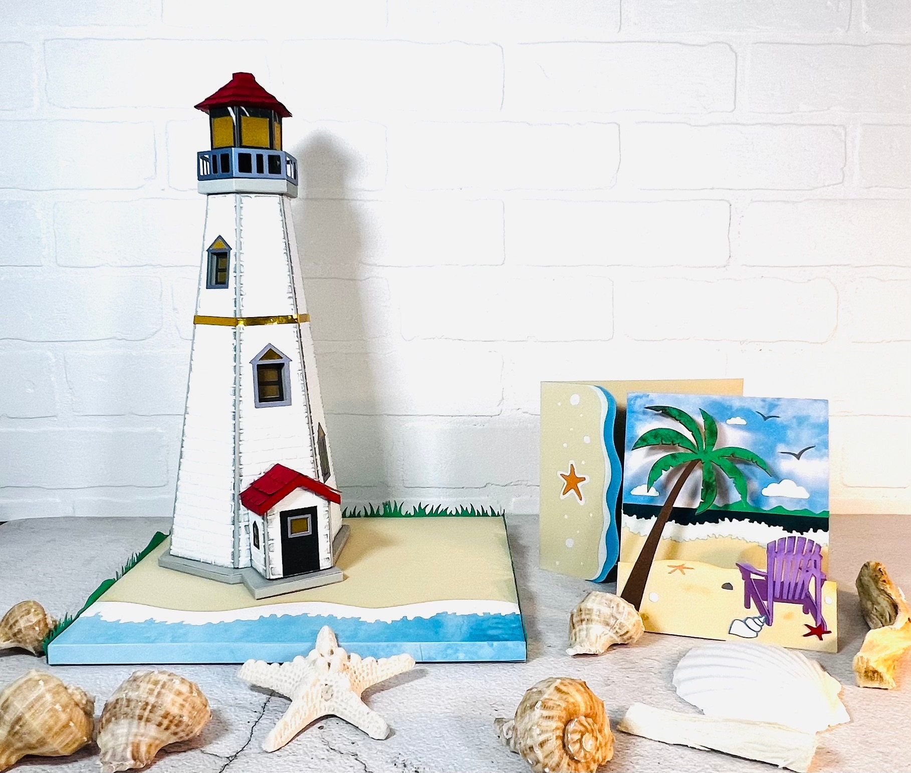 Lighthouse With Battery Operated Tea Lights and Beach Card With ...