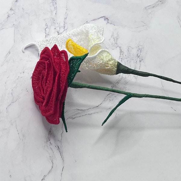 Customizable 16” Freestanding Lace Rose with Leaves, forever roses or Calla Lily. A wedding bouquet that will last a lifetime.