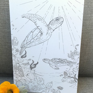 Ocean Life Coloring Card Sea Turtle Card INSTANT DOWNLOAD, PRINTABLE 5x7 Card Greeting Card Blank Inside, Aquatic Life Card Underwater Scene