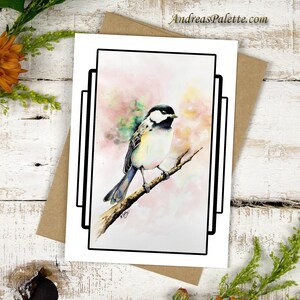 Chickadee Art Card INSTANT DOWNLOAD 5x7 Art Card, PRINTABLE Bird Note Card Blank Inside, Chickadee Aquarelle Art Card to Print at Home