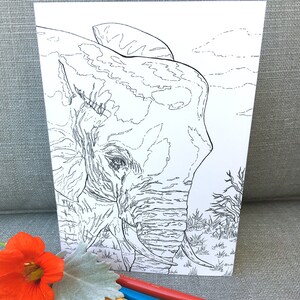 Cartão para colorir de elefante DOWNLOAD INSTANTÂNEO Cartão 5x7 IMPRIMÍVEL Cartão em branco dentro, presente criativo design desenhado à mão, cartão de animal africano