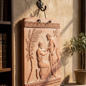 May include: A rectangular terracotta relief sculpture depicting two figures in classical attire. The relief is mounted on a wall with a decorative hook. The artwork features detailed carvings of a seated figure and a standing figure, with a tree and decorative border.