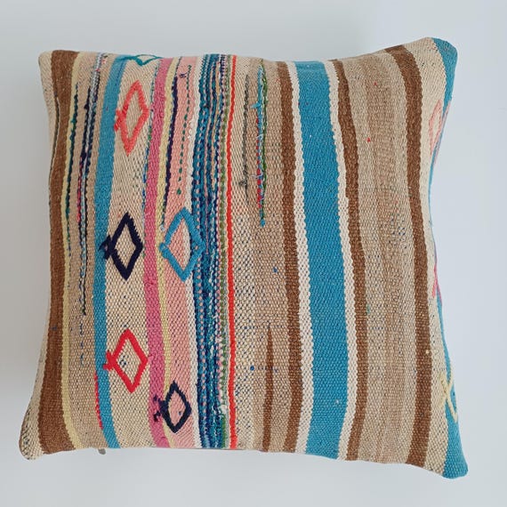 Kelim Teppich Kissenbezug, Kelim Teppich Kissenbezug, Handgefertigtes Mehrfarbiges Kissen, Kelimteppich 16''x16'' / 40 x 40 CM