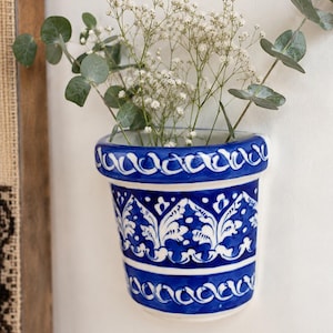 Multani Ceramic Flower Pot, Hand-Painted Artisan Blue Pottery Planter, Authentic Pakistani Kashigari Decor, Housewarming Gift 13x11 CM