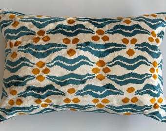 Silk Velvet Cushion Cover, Chintamani Turquoise Cushion, Ikat Cushion, Silk Velvet Jacquard Cushion, Decorative Pillow 24''x16'' / 60x40 CM