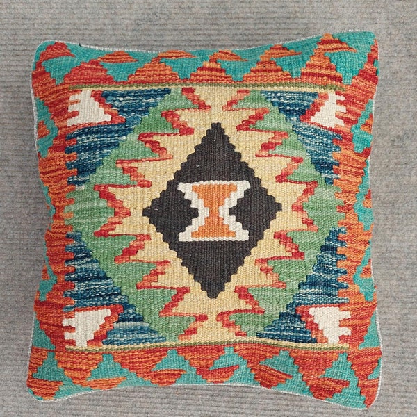 Kilim Cushion Cover, Handwoven Artisan Afghan Turkish Aztec Decorative Wool Kilim Pillowcase 46x46 CM