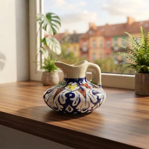 May include: A ceramic pitcher with a wide, rounded base and a short spout. The surface features a hand-painted pattern in deep blue, terracotta, and yellow tones against a cream-colored background, with a sturdy handle on the side.