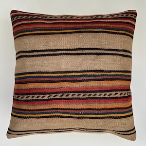 Handgefertigter Kissenbezug, Gestreiftes Mehrfarbenkissen, Kelimkissen, Kelimkissen 45 x 45 cm