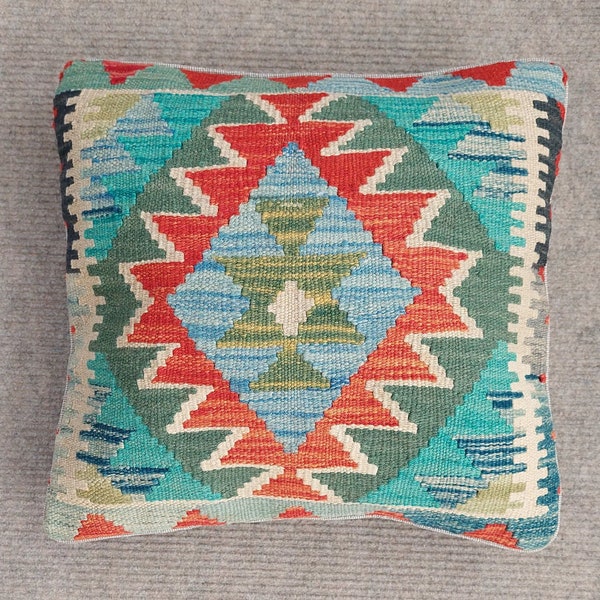 Kilim Cushion Cover, Handwoven Artisan Afghan Turkish Aztec Decorative Wool Kilim Pillowcase 47x44 CM