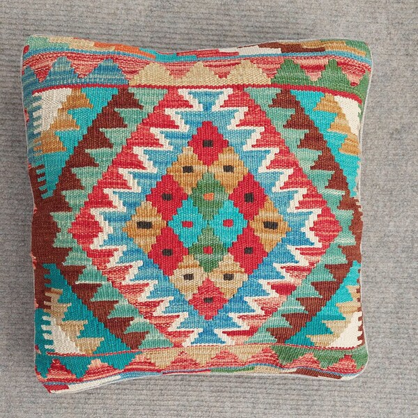 Kilim Cushion Cover, Handwoven Artisan Afghan Turkish Aztec Decorative Sheep Wool Kilim Pillowcase 47x46 CM