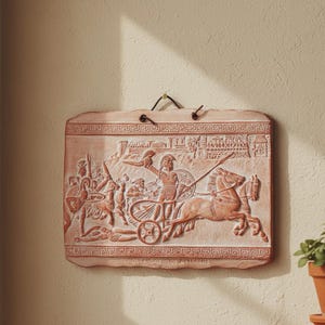 May include: A rectangular, terracotta-colored relief sculpture depicting a classical battle scene with a chariot, horses, and figures. The artwork is framed with a Greek key pattern and hangs on a beige wall.