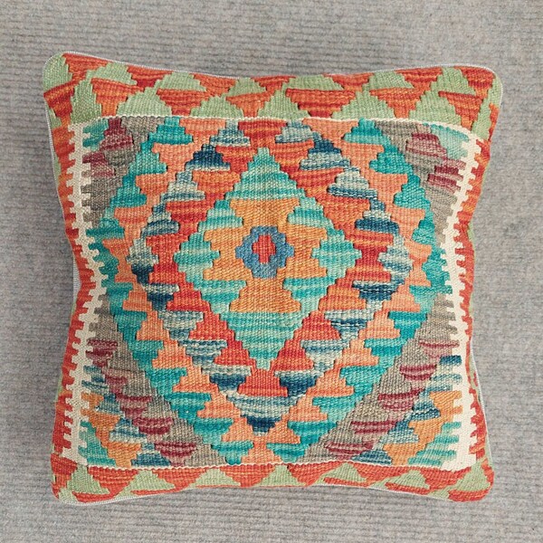 Kilim Cushion Cover, Handwoven Artisan Afghan Turkish Aztec Decorative Wool Kilim Pillowcase 47x46 CM