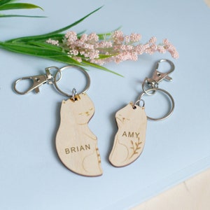 Personalized Couples Keychain Set Interlocking Cat Keychain Custom Valentines Day Gift