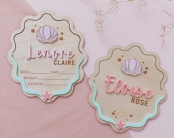 Letrero con nombre de sirena, anuncio de nacimiento personalizado con conchas marinas, letrero para guardería de niña, estadísticas de nacimiento del bebé, letrero con nombre de recién nacido, placa con nombre para hospital