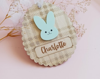 Etiqueta personalizada para cesta de Pascua, etiqueta a cuadros, etiquetas con nombre personalizadas para cestas de regalo de Pascua, etiqueta de conejito con nombre, etiqueta de madera