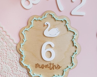 Hitos mensuales personalizados para bebés con diseño de cisne, hitos originales para bebés, marcadores de hitos mensuales, tarjetas de hitos de madera, letrero para fotos de bebés