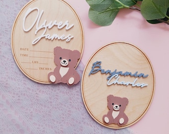 Bear Baby Name Birth Announcement Sign, Custom Bear Nursery Baby Boy Sign, Baby Birth Stat, Newborn Baby Name Sign, Hospital Name Plaque