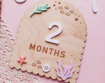 Personalized Mermaid Baby Monthly Milestones, Seashell Milestones, Monthly Milestone Markers, Wooden Milestone Cards, Baby Photo Sign