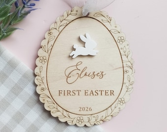 Etiqueta personalizada para la primera cesta de Pascua, etiqueta de Pascua con vieira, etiquetas con nombre personalizadas para cestas de regalo de Pascua, etiqueta de cesta de Pascua con conejito y nombre.