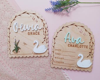 Swan Baby Name Birth Announcement Sign, Custom Nursery Baby Girl Sign, Baby Birth Stat, Newborn Baby Name Sign, Hospital Name Plaque