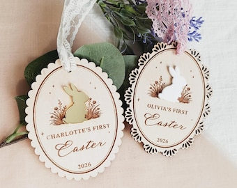 Etiqueta personalizada para cesta de Pascua, primera Pascua del bebé, etiquetas con nombre personalizadas para cestas de regalo de Pascua, etiqueta de conejito con nombre, etiqueta de madera