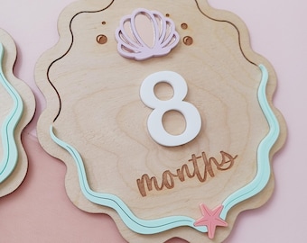 Hitos mensuales personalizados para bebés con temática de sirenas, hitos con conchas marinas, marcadores de hitos mensuales, tarjetas de hitos de madera, letrero para fotos de bebés