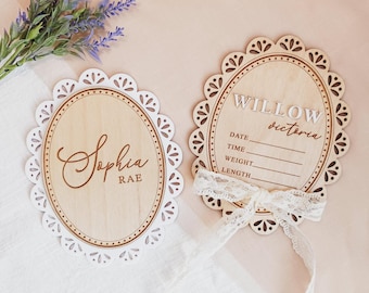 Letrero personalizado para anunciar el nacimiento de tu bebé, letrero de madera con encaje, fecha de nacimiento, letrero con el nombre de tu recién nacido, placa con el nombre del hospital.