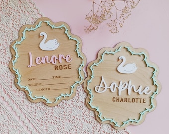 Letrero de anuncio de nacimiento con el nombre del bebé Swan, letrero personalizado para la habitación del bebé niña, datos del nacimiento del bebé, letrero con el nombre del recién nacido, placa con el nombre del hospital