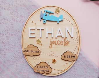 Plane Baby Name Birth Announcement Sign, Custom Nursery Baby Boy Sign, Baby Birth Stat, Newborn Baby Name Sign, Hospital Name Plaque