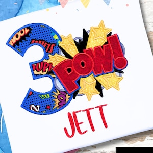 Superhero Birthday Shirt, Pow, Embroidered, Comic Party, Applique Number, Personalized, Gifts for Kids