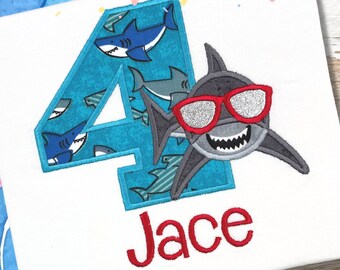 Shark Birthday Shirt, Embroidered, Aqua, Shark Party,  Personalized, Aquarium, Applique Number, Sea Creatures, Sunglasses, Gifts for Kids